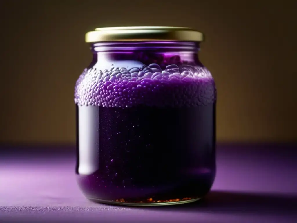 Delicioso chucrut morado: texturas y colores vibrantes Detalles vívidos de un frasco con chucrut morado, resaltando la belleza natural y beneficios saludables de esta tradición fermentada