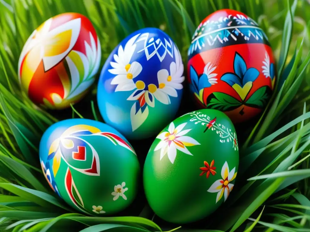 Detalles vívidos de huevos de Pascua eslavos pintados a mano, destacando símbolos tradicionales y arte