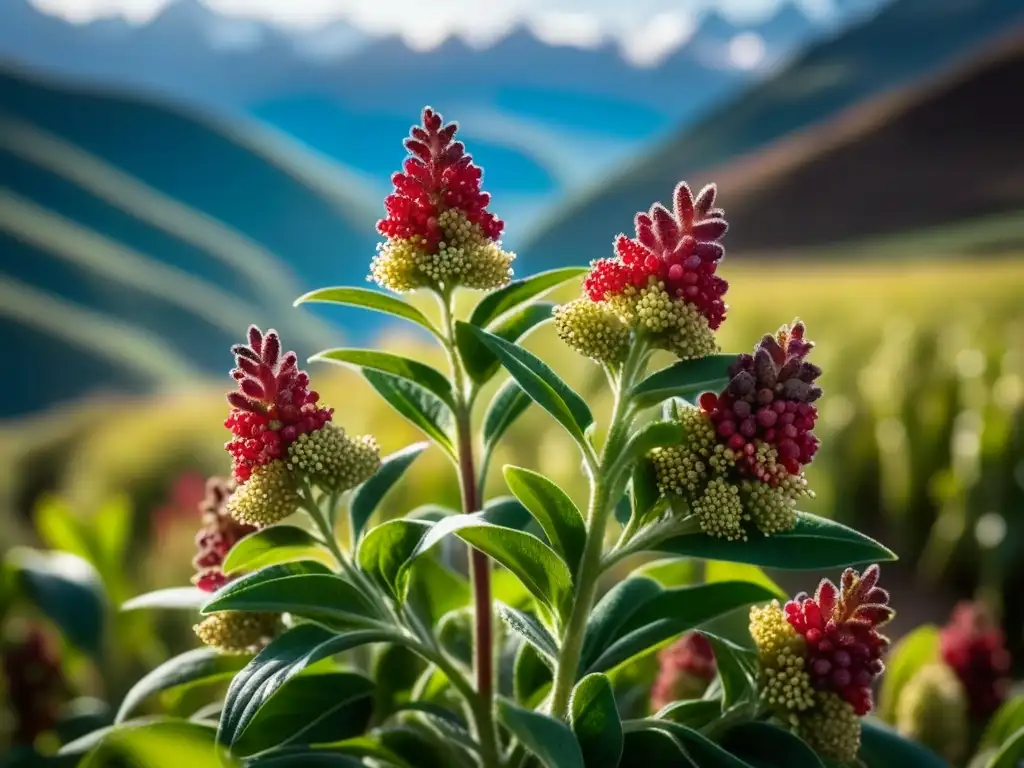 Detalles vívidos de la planta de quinua en los Andes, con semillas relucientes, montañas andinas y neblina