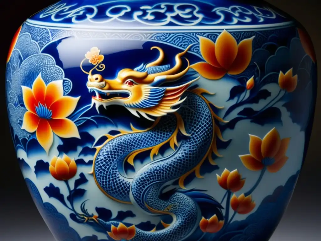 Detalles vívidos de un jarrón de porcelana china con símbolos tradicionales en azul, rojo y dorado, mostrando su significado cultural