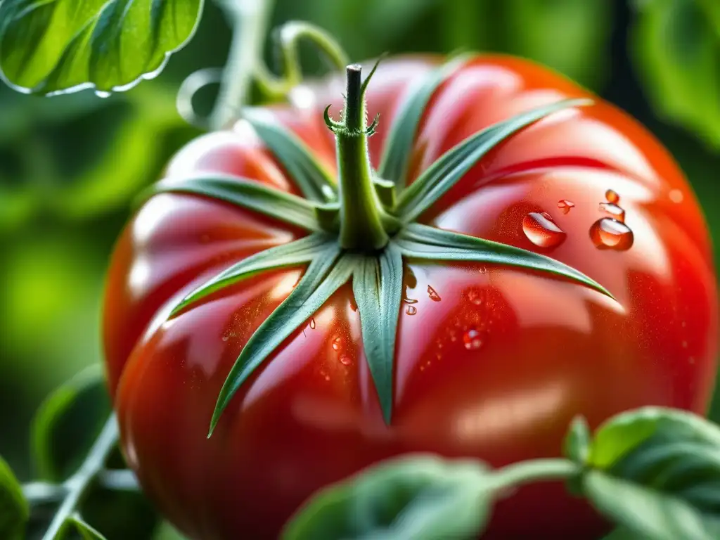 Detalles vívidos de un tomate maduro en la vid, rodeado de hojas verdes, resaltando la frescura