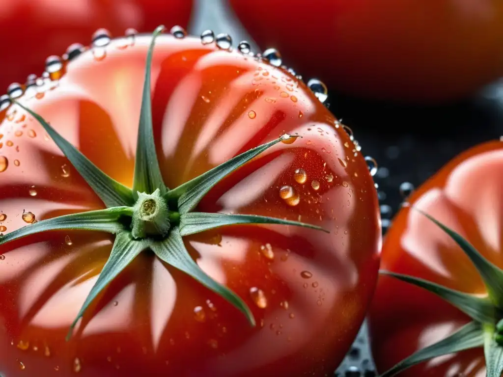 Detalles vívidos de tomates rojos maduros con gotas de agua, resaltando la importancia de la conservación de alimentos y la seguridad global