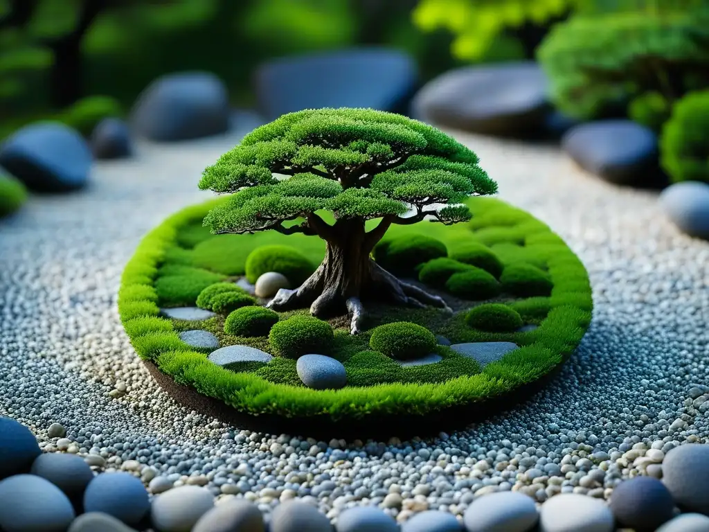 Detalles zen de un jardín japonés: patrones de grava, piedras cubiertas de musgo y bonsáis