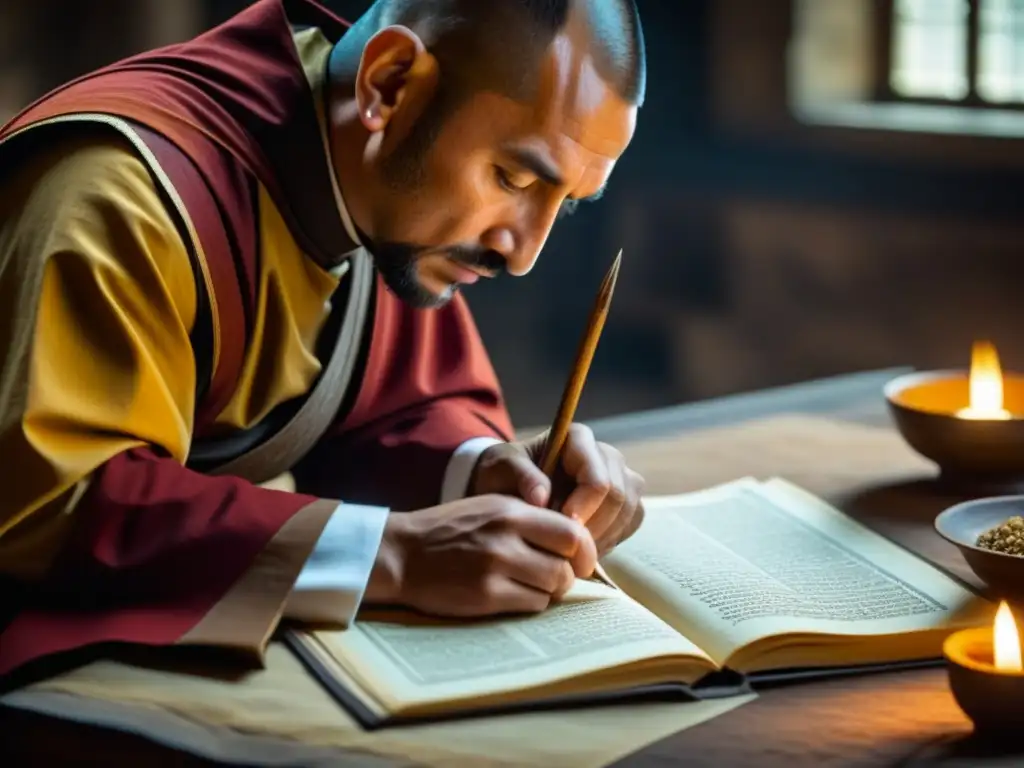 Monje detallista elaborando recetas históricas en un libro medieval en un scriptorium monástico, evocando cocinas monásticas en Europa