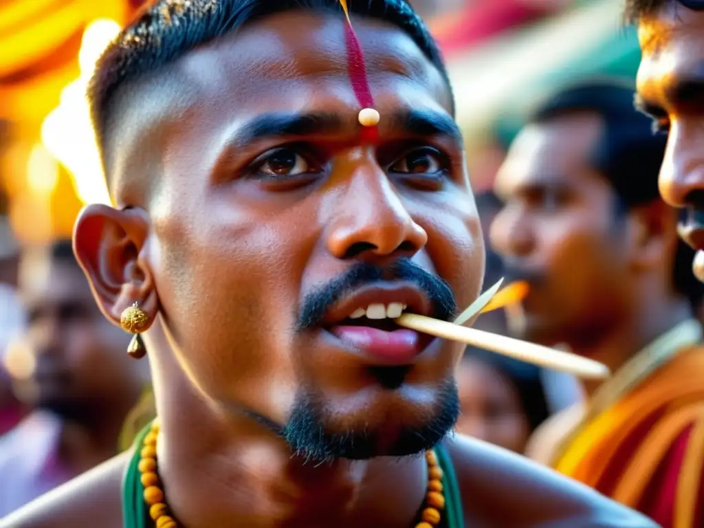 Devoto con determinación perfora su lengua con una brocheta durante el festival Thaipusam en Asia, rodeado de vibrante colorido