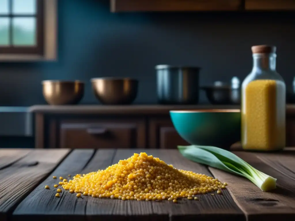 Dieta en townships durante el Apartheid: Escena de cocina con ingredientes rústicos en mesa de madera desgastada, iluminada tenue