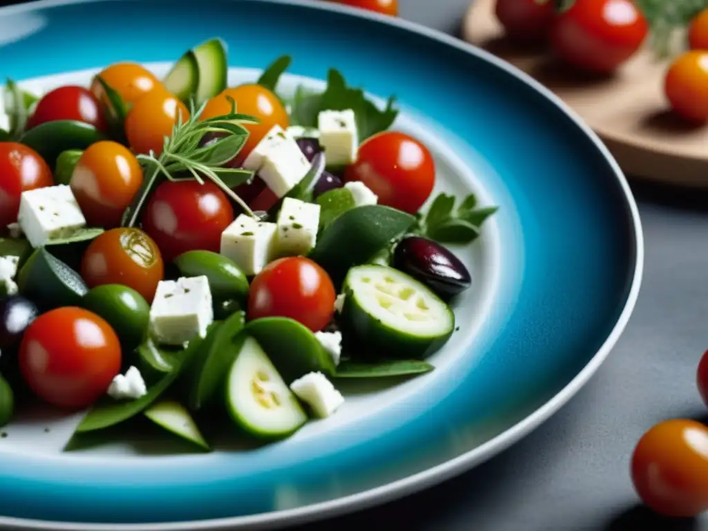 Transformación de la dieta griega en cocina moderna: vibrante ensalada con ingredientes frescos en un plato elegante