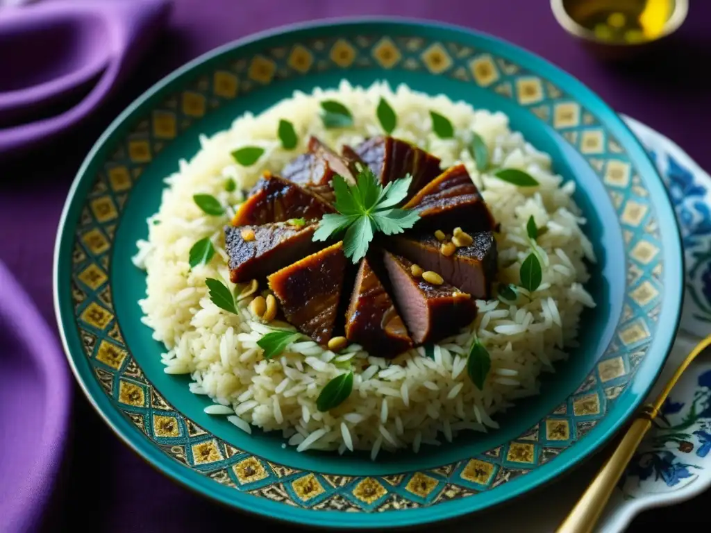 Diseño culinario fusionado: arroz azafrán, carne marinada y frutos secos