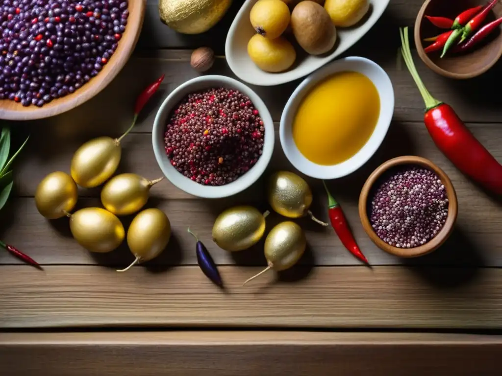 Una diversidad alimentaria del Imperio Inca: quinoa, maíz morado, papas, ajíes y hierbas andinas en una mesa de madera rústica