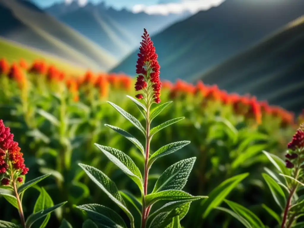 Diversidad alimentaria del Imperio Inca: Detalle vibrante de planta de quinua en los Andes, resaltando su belleza y textura