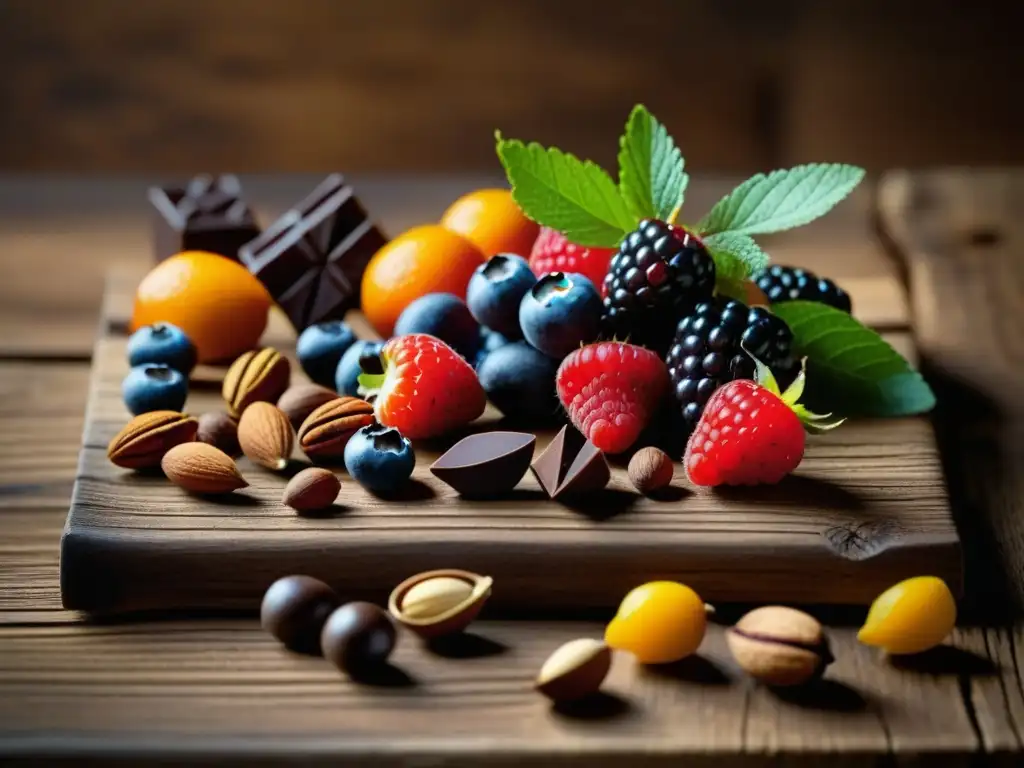 Diversidad de alimentos milenarios antioxidantes en una mesa rústica: bayas, chocolate, nueces y especias