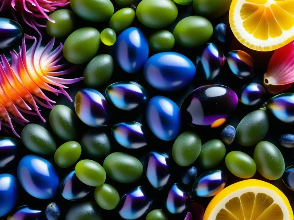 Explorando la diversidad y belleza de los alimentos marinos antioxidantes culinarios en vibrantes colores y patrones intrincados