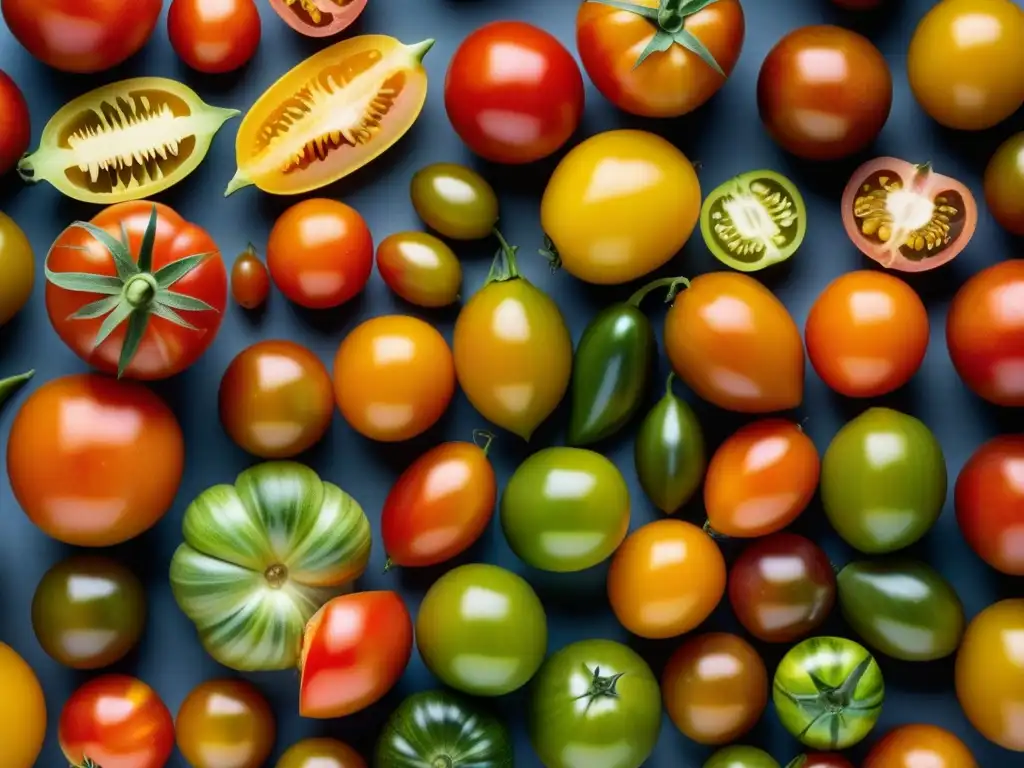 Diversidad de tomates antiguos en una vibrante muestra de formas, tamaños y colores