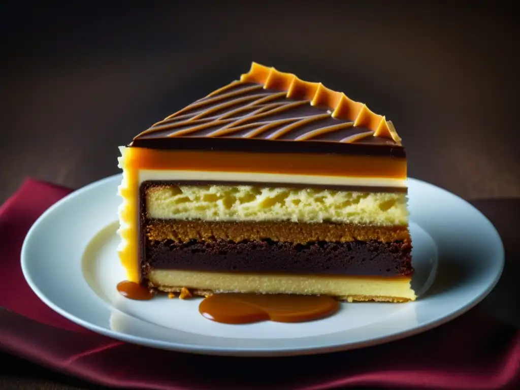 Dobos Torte: rebanada de la repostería histórica del Imperio Austrohúngaro con capas de bizcocho y crema de chocolate