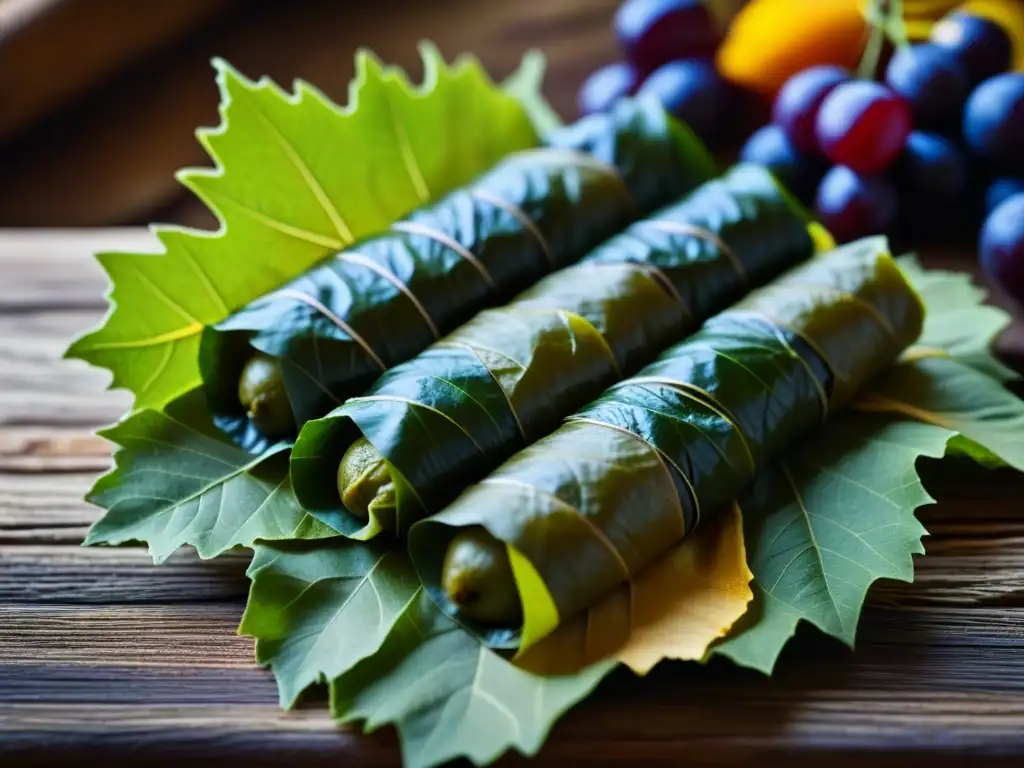 Dolma armenio enrollado perfectamente, mostrando capas de hojas de uva y relleno colorido, sobre fondo de madera rústica