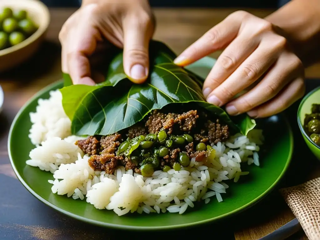 Dolma armenio: manos expertas envuelven hoja de uva en arroz y carne, tradición culinaria llena de historia y sabor