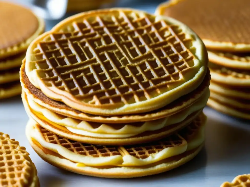 Apilando stroopwafels doradas y rellenas de caramelo con detalle