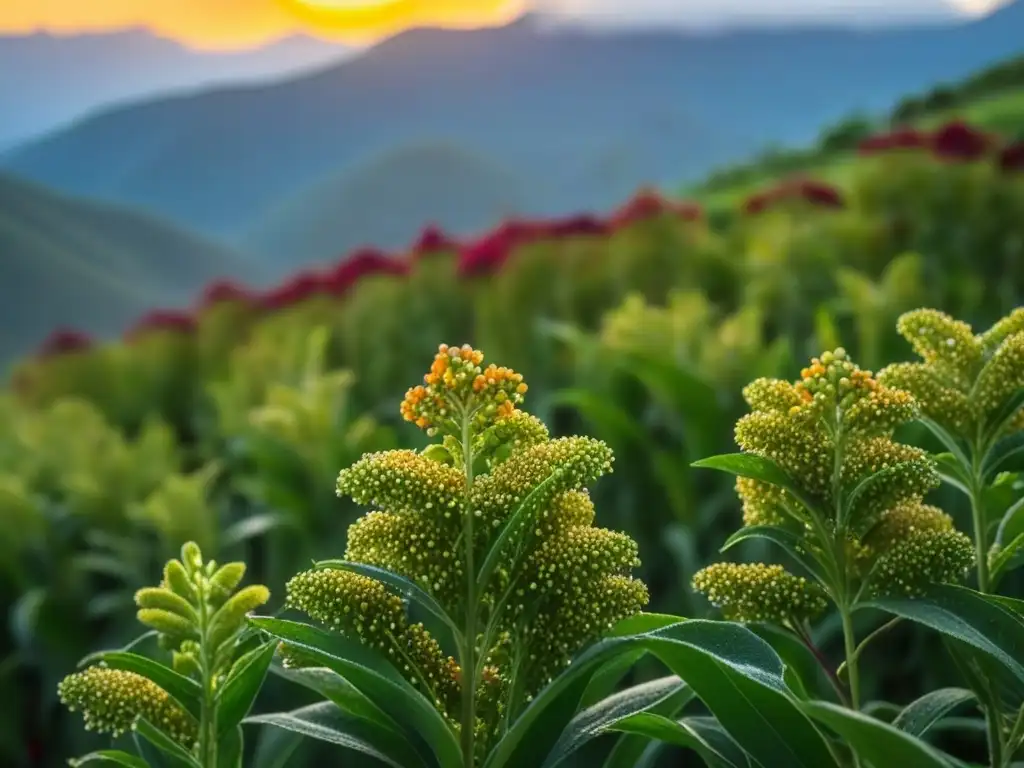 Amanecer dorado en campo de quinua, montañas Andinas al fondo