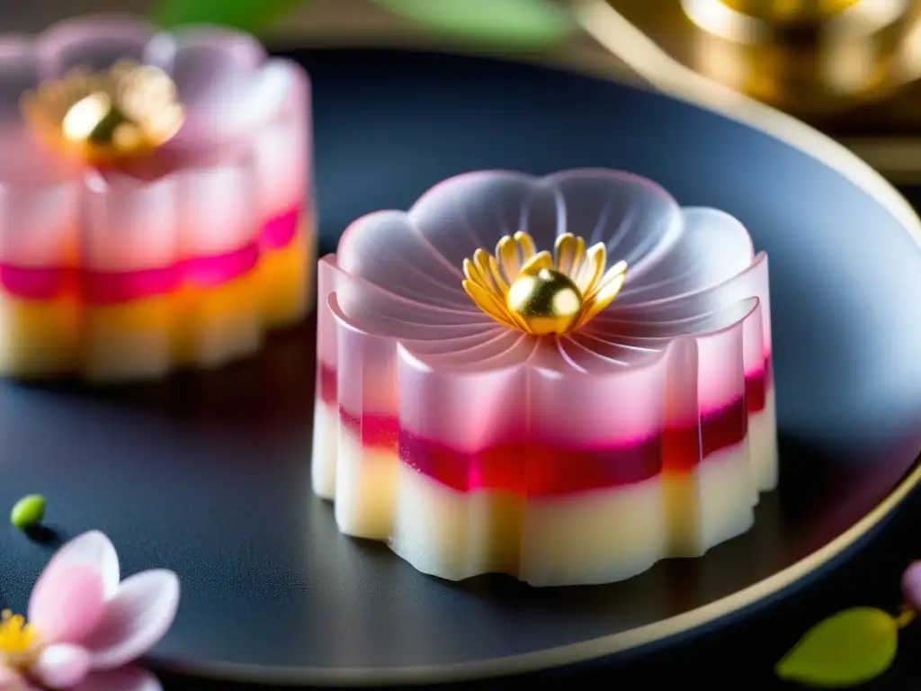 Dulce wagashi con detalle de pétalos de cerezo y gelatina translúcida, reflejando la artesanía de los dulces tradicionales repostería Heianera