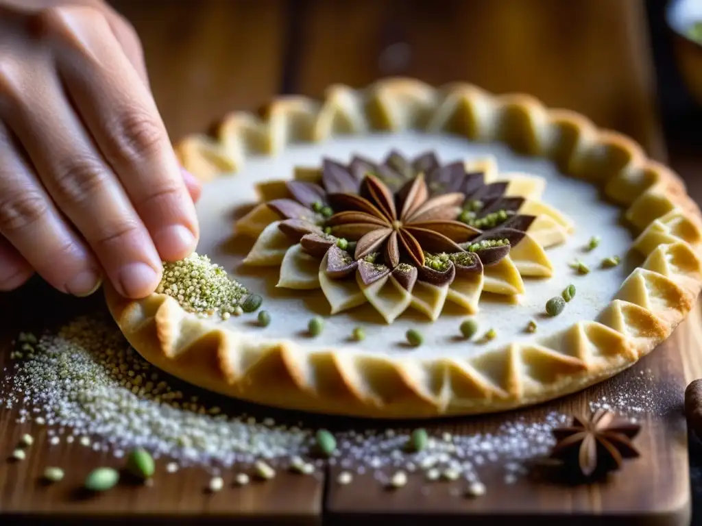 Un dulce europeo con semillas de cardamomo recién molidas cayendo sobre él, en una cocina rústica