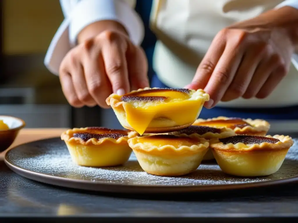 Delicada fusión: Pastel de nata portugués en cocina japonesa Un dulce intercambio culinario: un pastel de nata portugués en una cocina japonesa, fusionando tradiciones