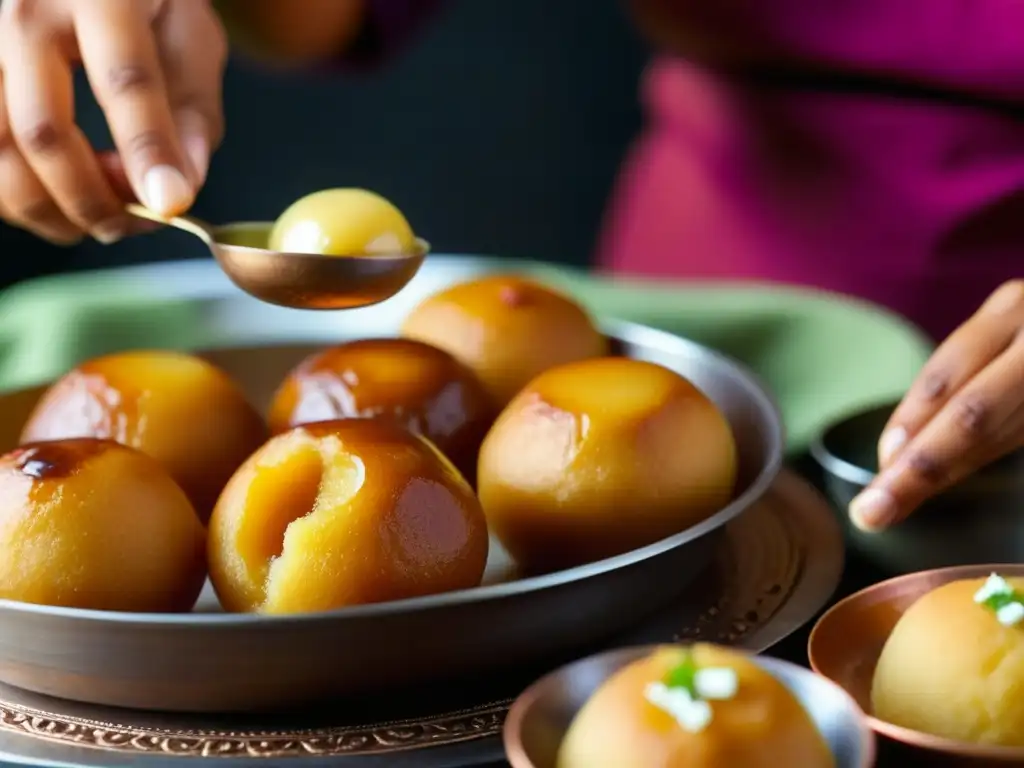 Un dulce retrato detallado de la preparación de 'Gulab Jamun' con influencia mongol en la historia de los postres de la India