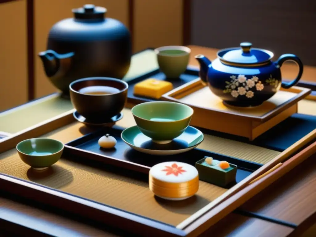 Dulces tradicionales Era Meiji en ceremonia de té japonesa con kimonos y utensilios elegantes