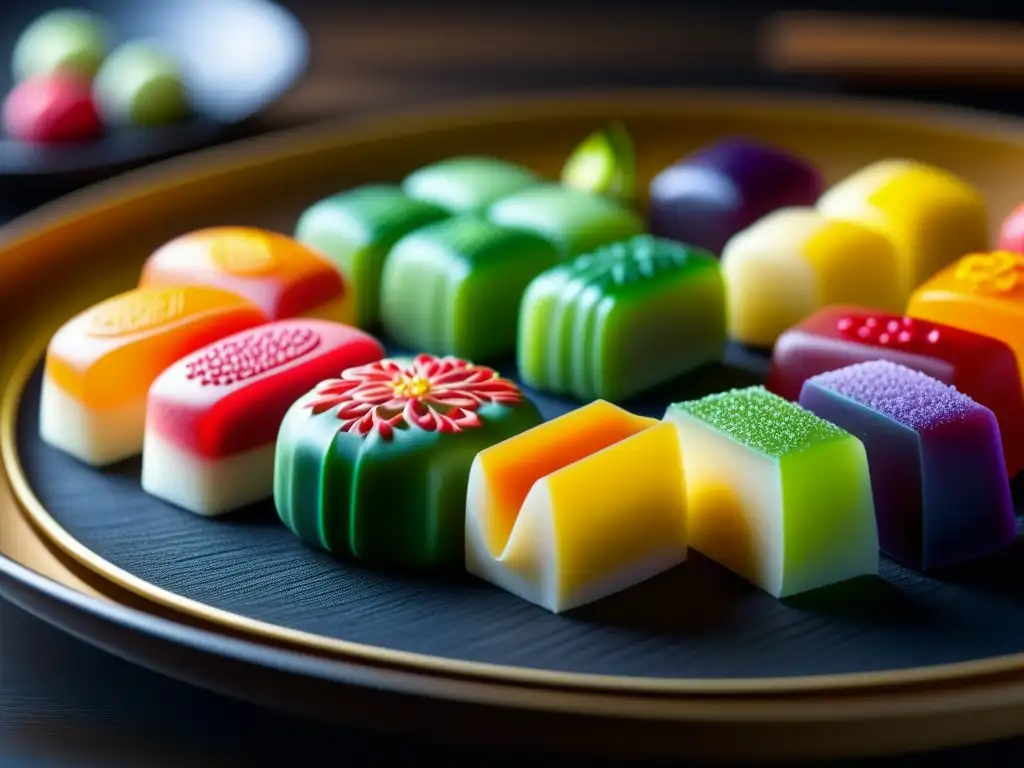 Dulces tradicionales Era Meiji: Detalle exquisito de un wagashi japonés, resaltando colores vibrantes y precisión artesanal