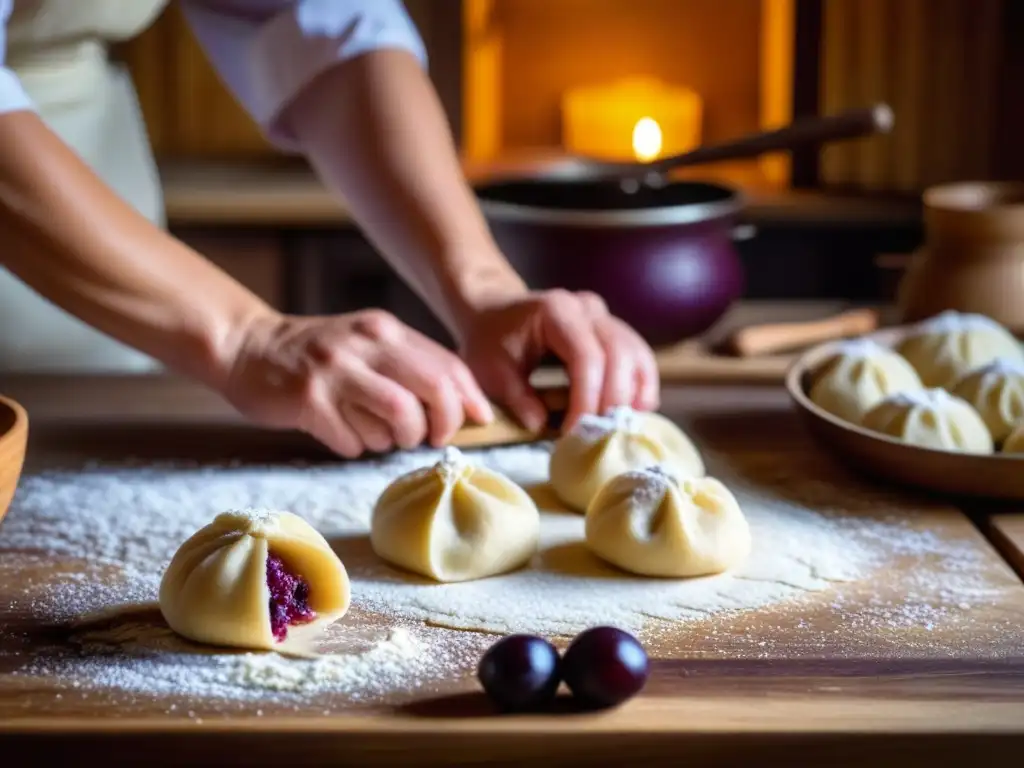 Elaboración artesanal de knödel de ciruela en cocina vintage del imperio austrohúngaro