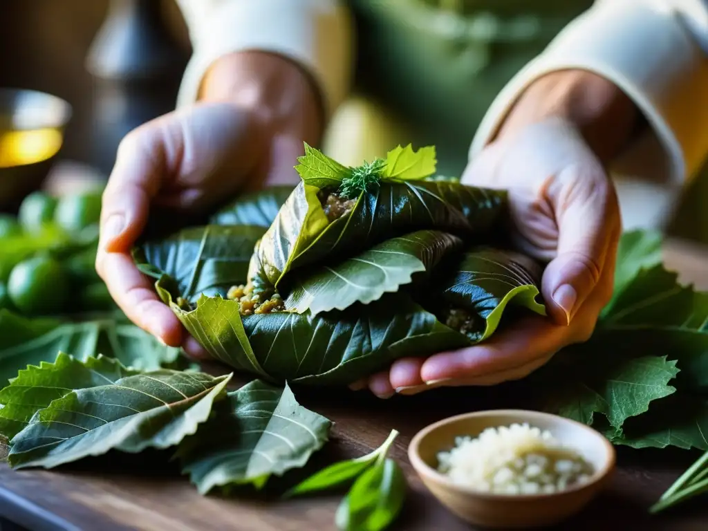 Elaboración artesanal de dolma: manos expertas rellenan hojas de uva con arroz y hierbas en cocina rústica