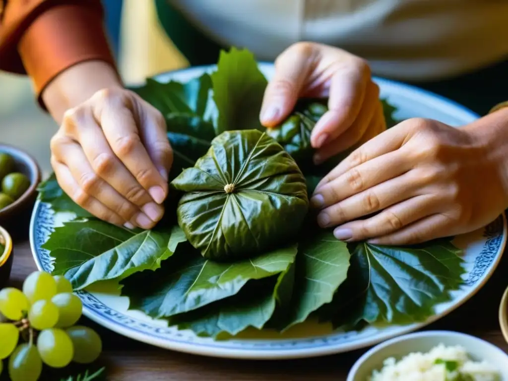 Elaboración artesanal de dolmades griegos con arroz y hierbas, parte de la dieta básica de la Antigua Grecia