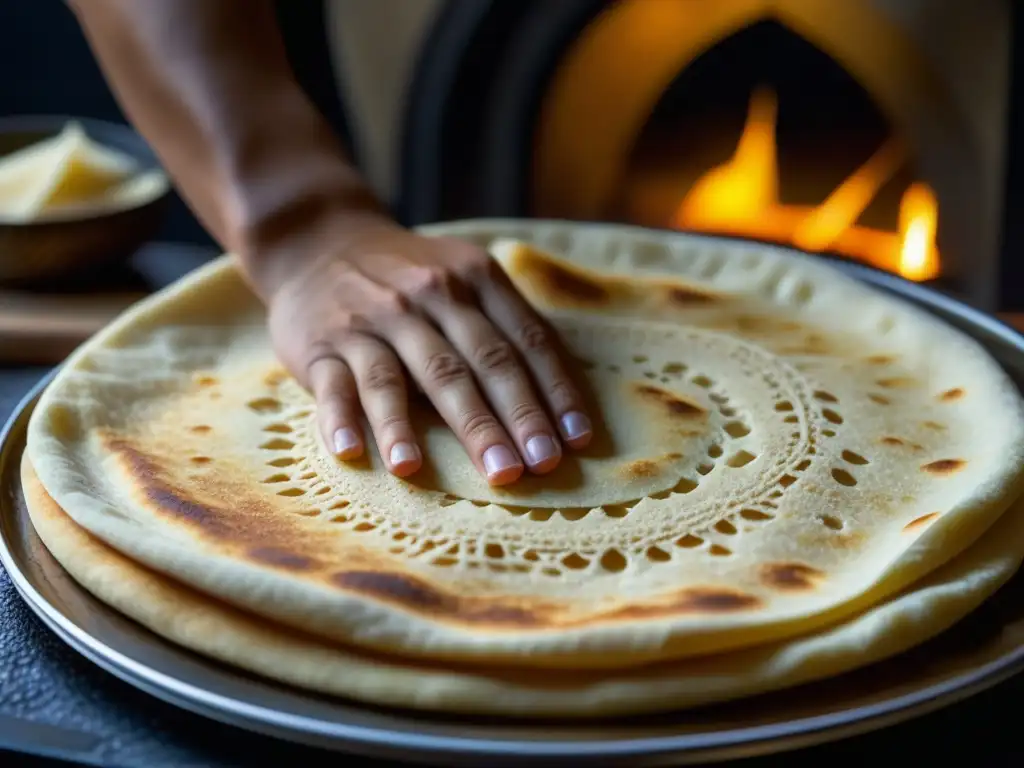 Elaboración artesanal de pan lavash armenio en saj caliente, resaltando la tradición culinaria