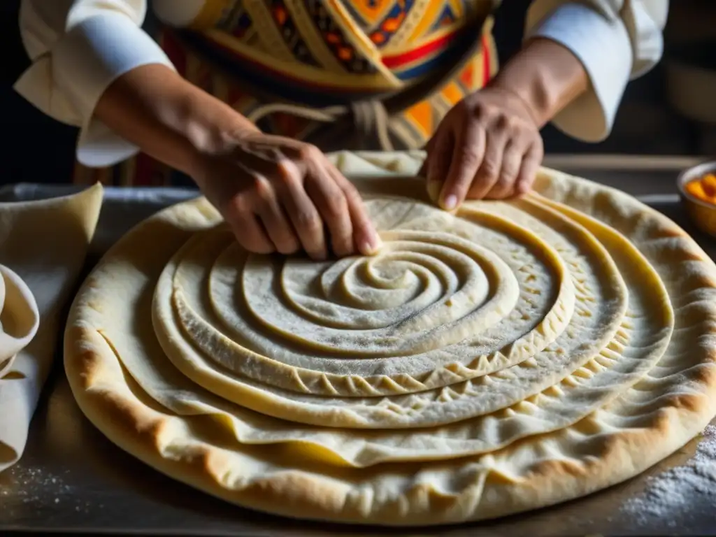 Elaboración artesanal de pan lavash armenio, mostrando la textura y patrones de la masa en un saj caliente