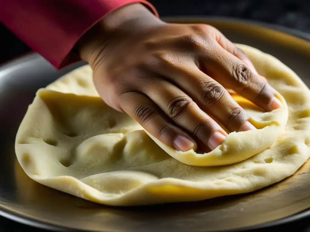 Elaboración artesanal de Pan Naan por un chef experto, mostrando la textura y proceso de creación en una cocina tradicional india