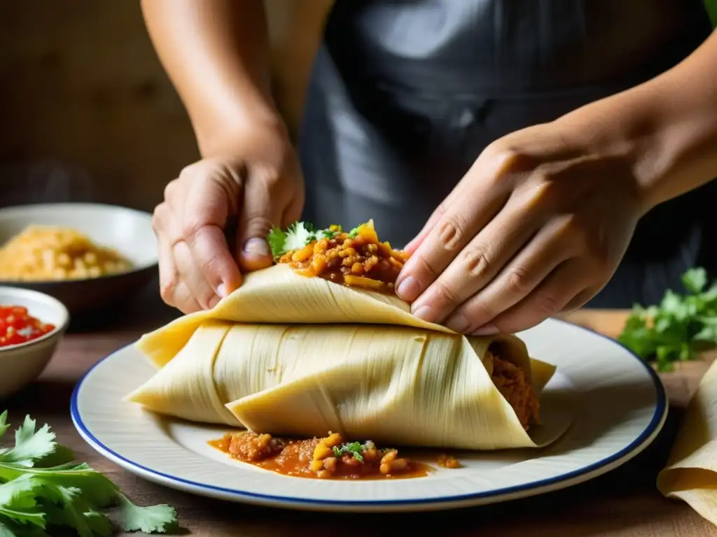 Elaboración artesanal de tamales mexicanos con ingredientes vibrantes