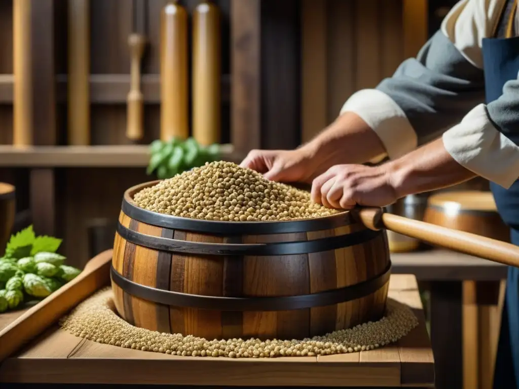 Elaboración de bebidas fermentadas: artesanía antigua en barril de madera con granos y lúpulo