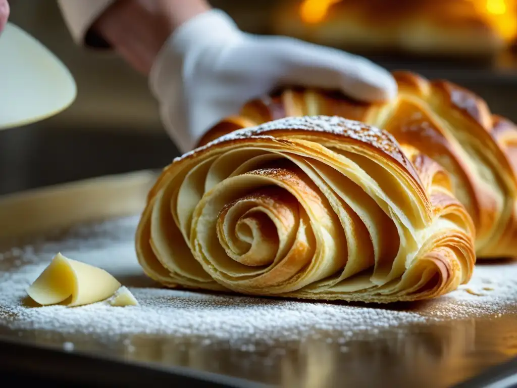 Elaboración detallada de un croissant en una panadería francesa, fusionando recetas históricas francesas con twist ruso