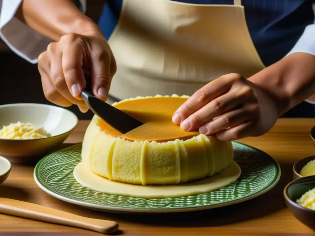 Elaboración minuciosa del Pão de Ló japonés resaltando el origen histórico y la destreza del proceso de preparación