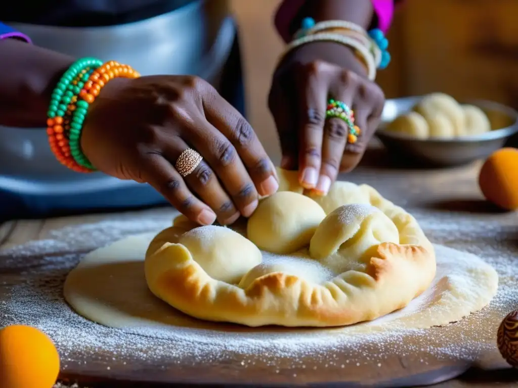 Elaboración de puffpuff nigeriano con detalle, mostrando manos expertas creando esferas perfectas