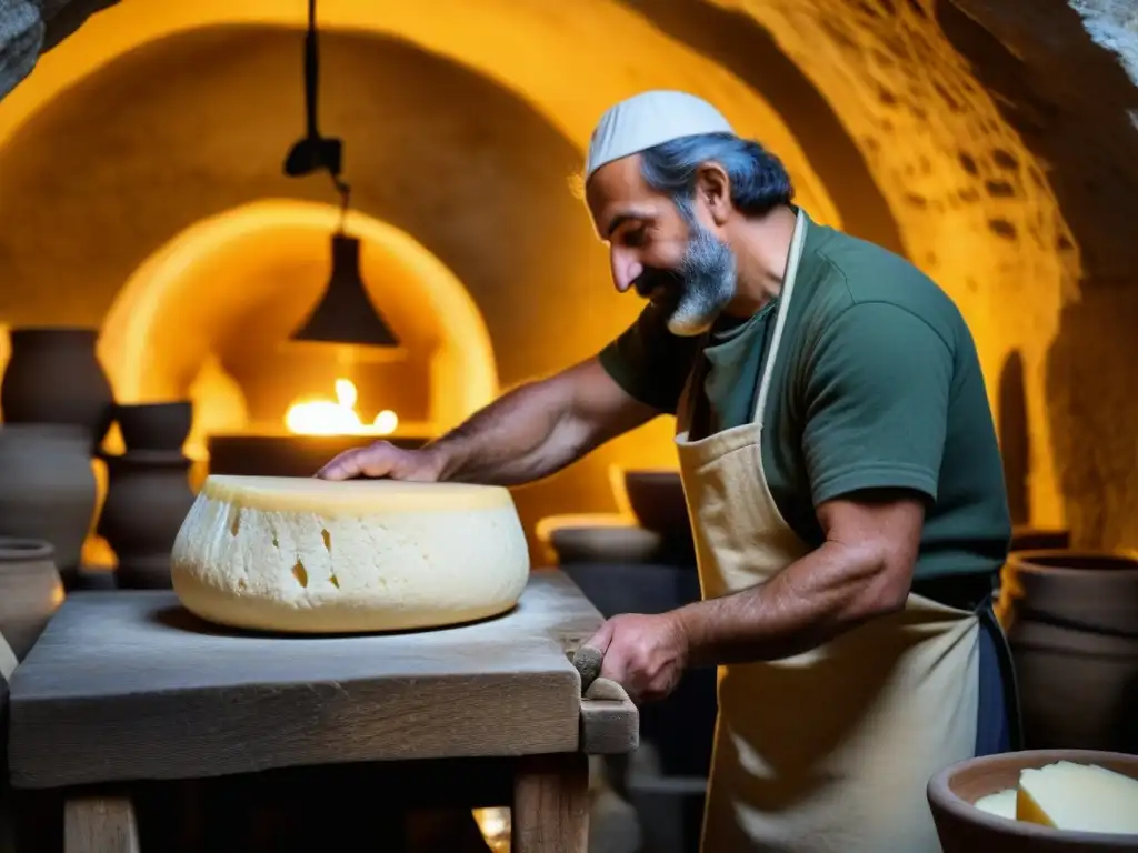 Elaboración de quesos bizantinos históricos: Artesano moldeando queso con métodos antiguos en bodega de piedra iluminada tenue