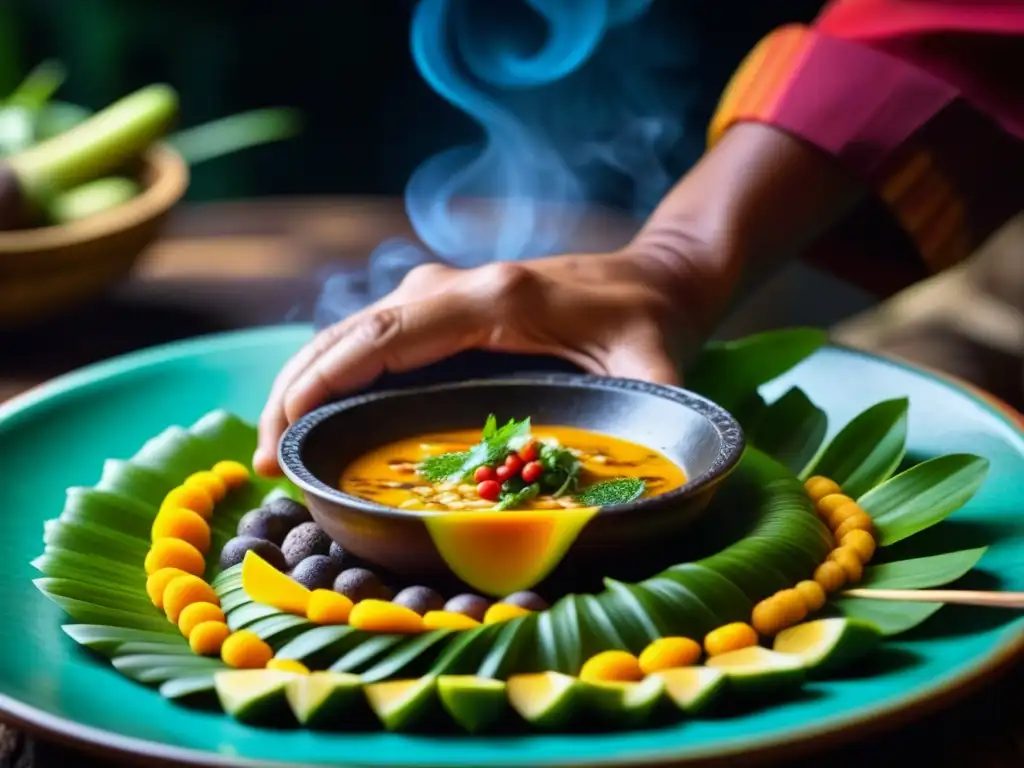 Elaboración de una receta tradicional de los pueblos indígenas de la Amazonía, manos indígenas preparando un plato colorido