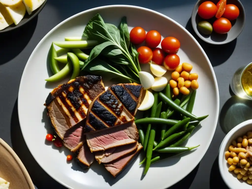 Una elaborada imagen detallada de la comida de un gladiador romano, resaltando proteínas históricas en un plato meticulosamente arreglado