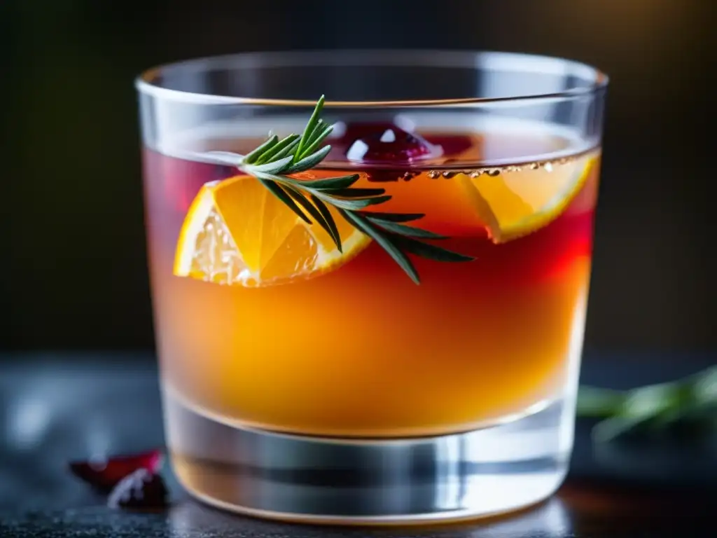 Cóctel dorado con historia: Renacimiento en un vaso Un elegante cóctel dorado con naranja deshidratada y romero