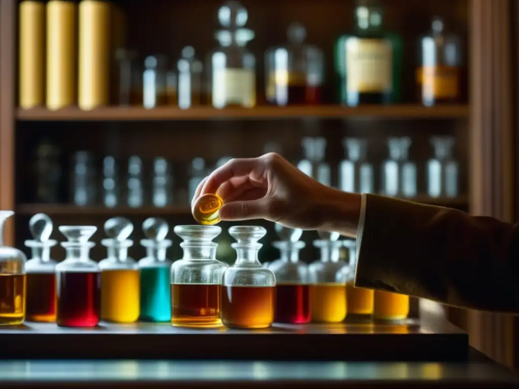 Un elegante cóctel histórico renacentista evoluciona en un vaso de cristal, entre sombras y luces, rodeado de antiguos frascos de colores en estantes