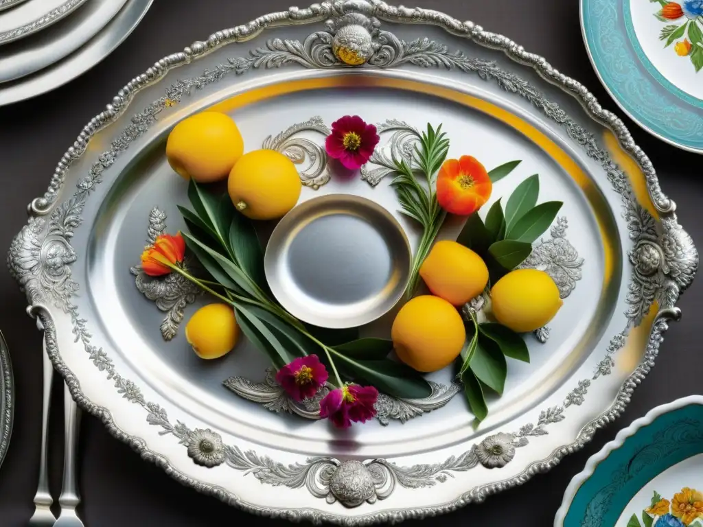 Una elegante fuente de plata llena de exquisitos platillos, representativos de la cocina barroca francesa