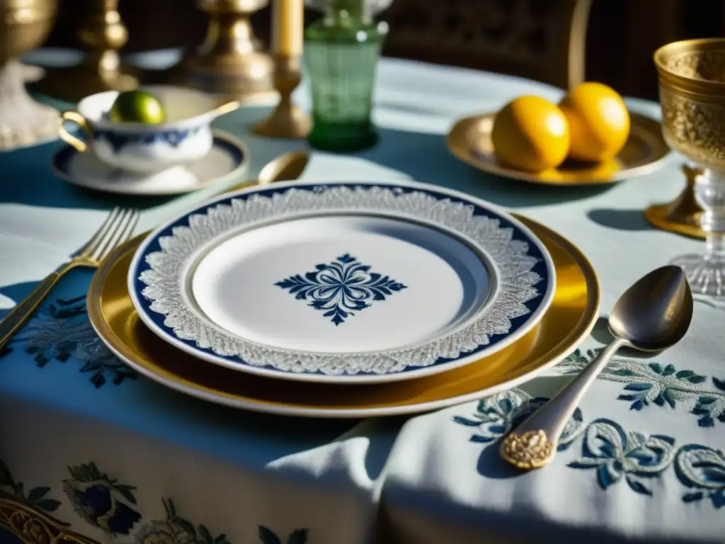 Elegante mesa colonial del siglo XVIII con finos detalles de mantel bordado y vajilla de porcelana