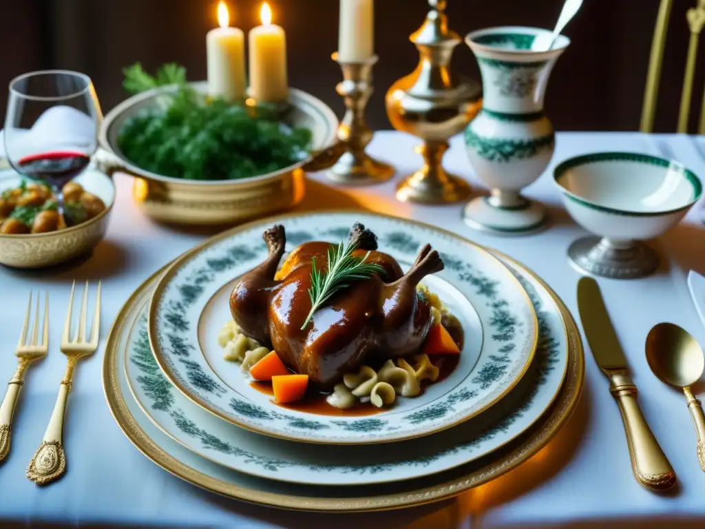 Una elegante mesa de comedor fusionando recetas históricas francesas con twist ruso