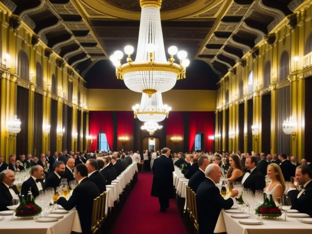 Elegante salón de banquetes en Viena durante el Imperio Austrohúngaro, con cervezas, vinos y refinados invitados