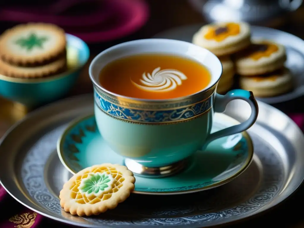 Una elegante taza de porcelana con té Darjeeling humeante y galletas asiáticas en bandeja de plata vintage