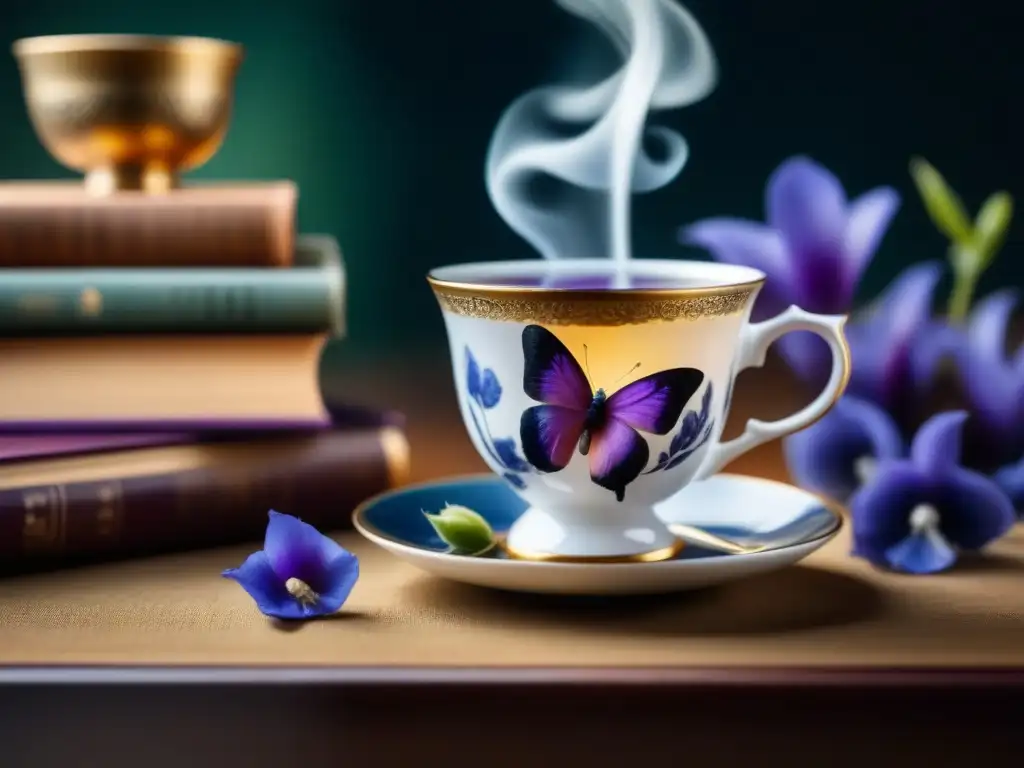 Taza de porcelana con té de mariposa púrpura y libros antiguos Una elegante taza de porcelana con té de flor de mariposa morada, libros de historia cultural del té y una cuchara de plata vintage